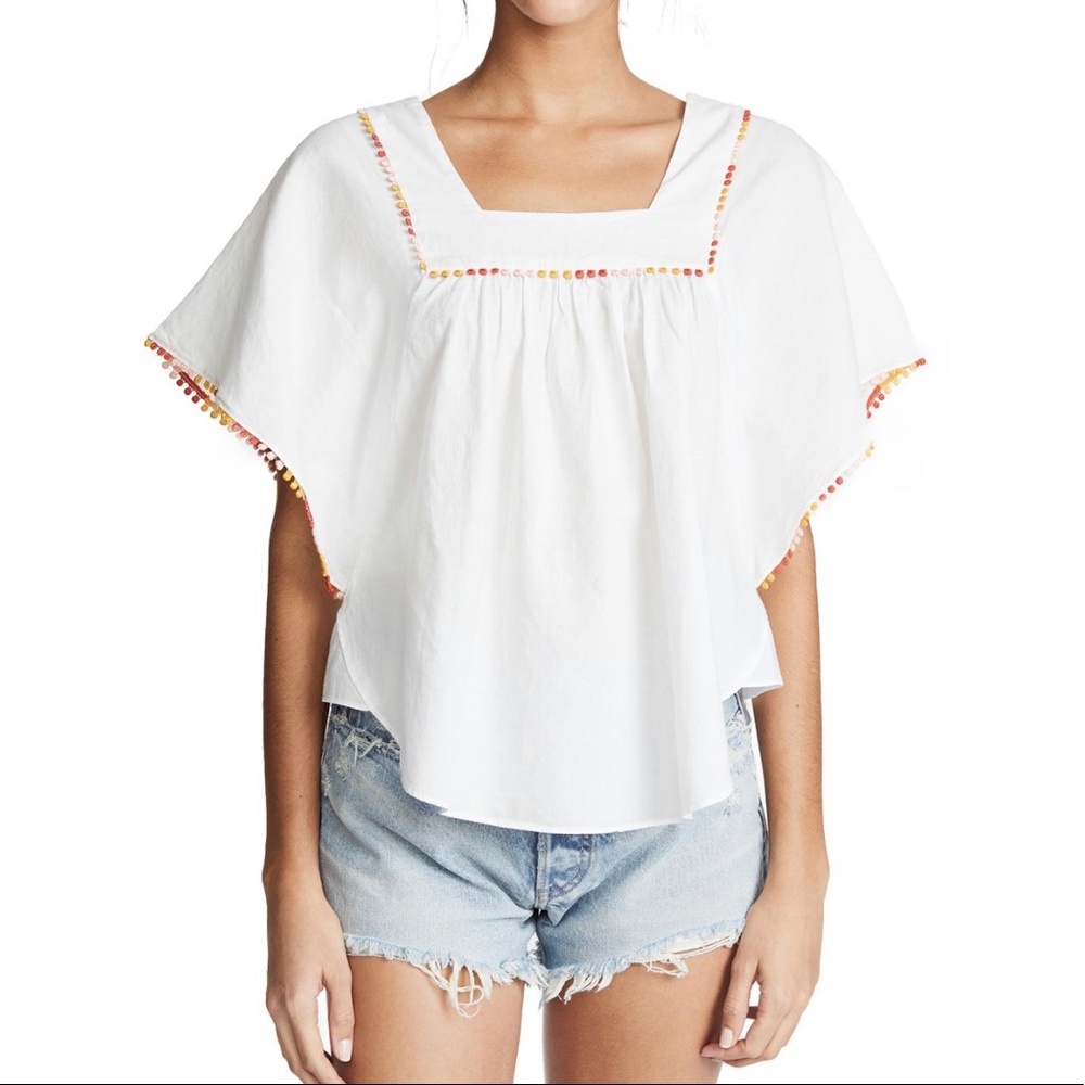 Madewell white colorful Pom Pom trim asymmetric fluttery butterfly top shirt